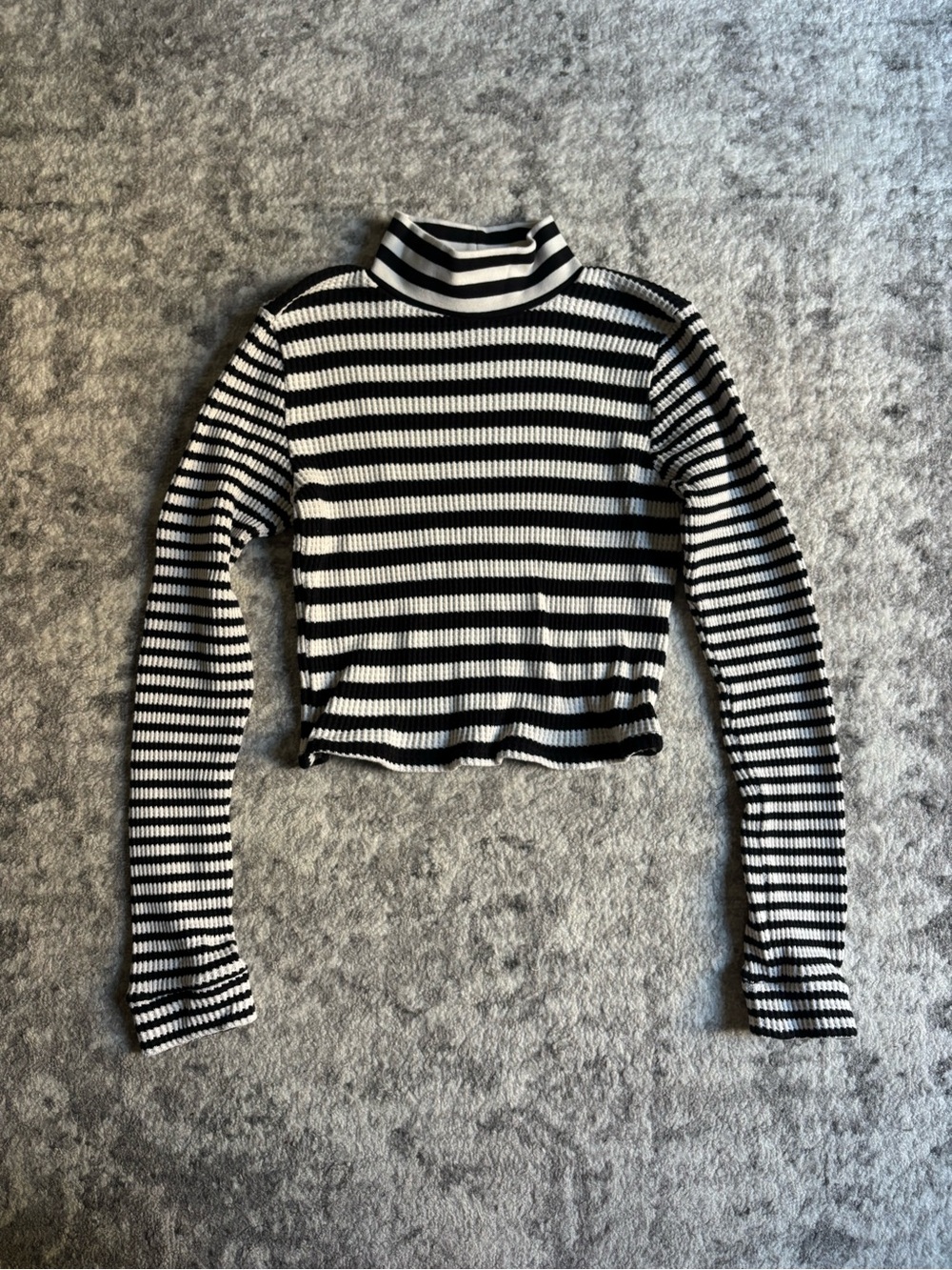 aerie Black & White Striped Ribbed Turtleneck Crop Top